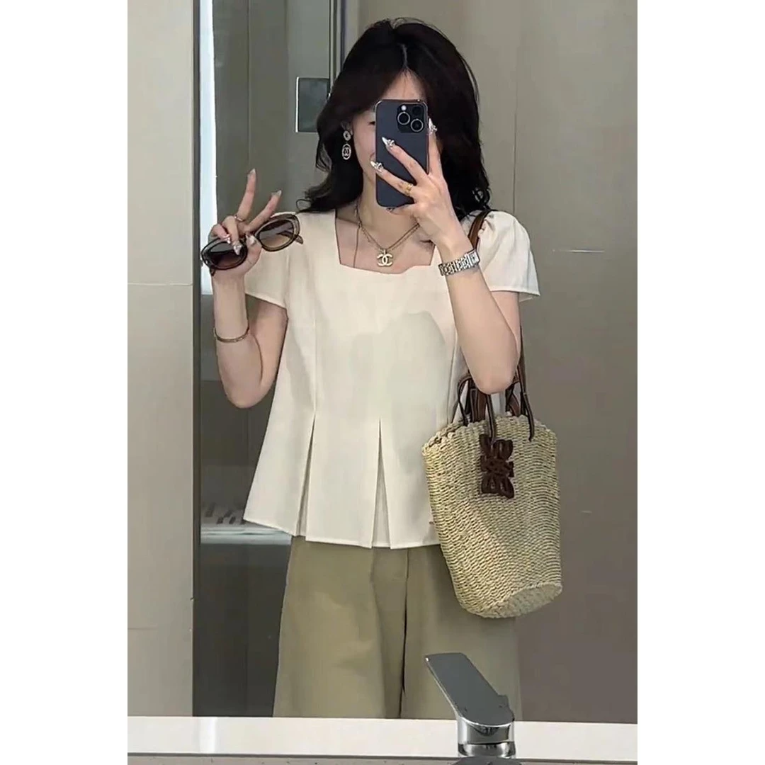 法式方领压褶短袖衬衫上衣女2025夏季新款设计感遮肉显瘦娃娃小衫