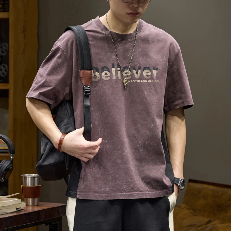 LEIGHZ/雷茨短袖t恤男士夏季新款宽松复古做旧拼接撞色圆领上衣男