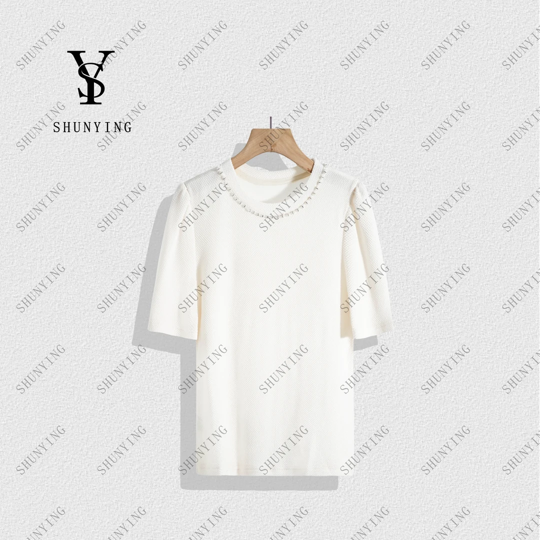 【顺瀛】简约清爽~高级感重工钉珠时尚纯色休闲T恤SY71T1852