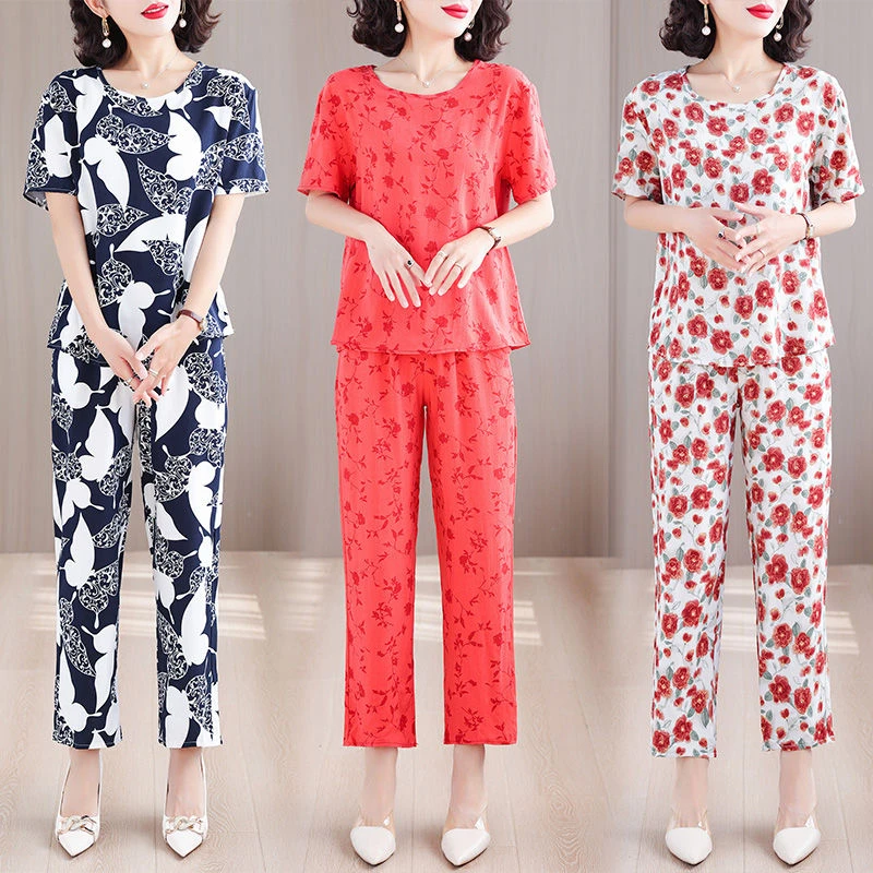 棉绸套装女夏季宽松休闲洋气减龄妈妈装人造棉短袖长裤两件套外穿