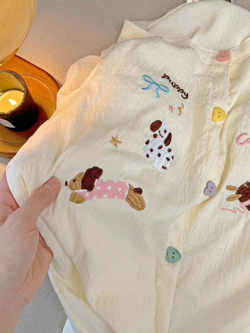 带胸垫睡衣女夏季三件套云朵棉甜美可爱卡通刺绣小狗可外穿家居服