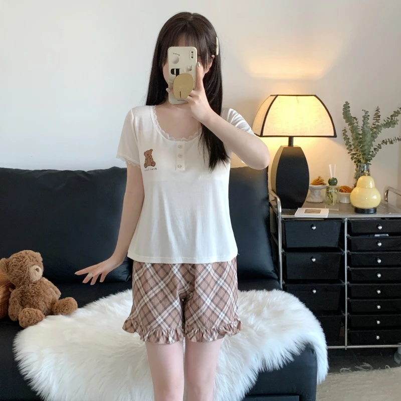 睡衣家居服莫代尔睡衣家居服学院风女薄款蕾丝花边显瘦女卡通小熊