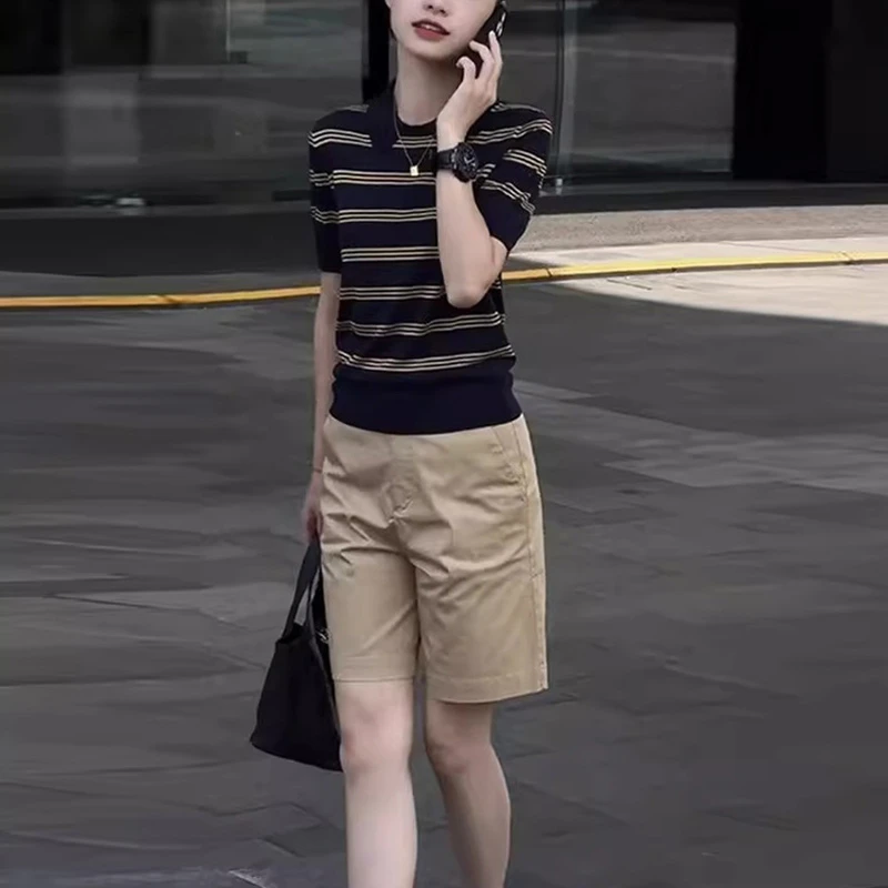 休闲职业大方得体套装夏季新款减龄藏青色条纹短袖上衣短裤套装女