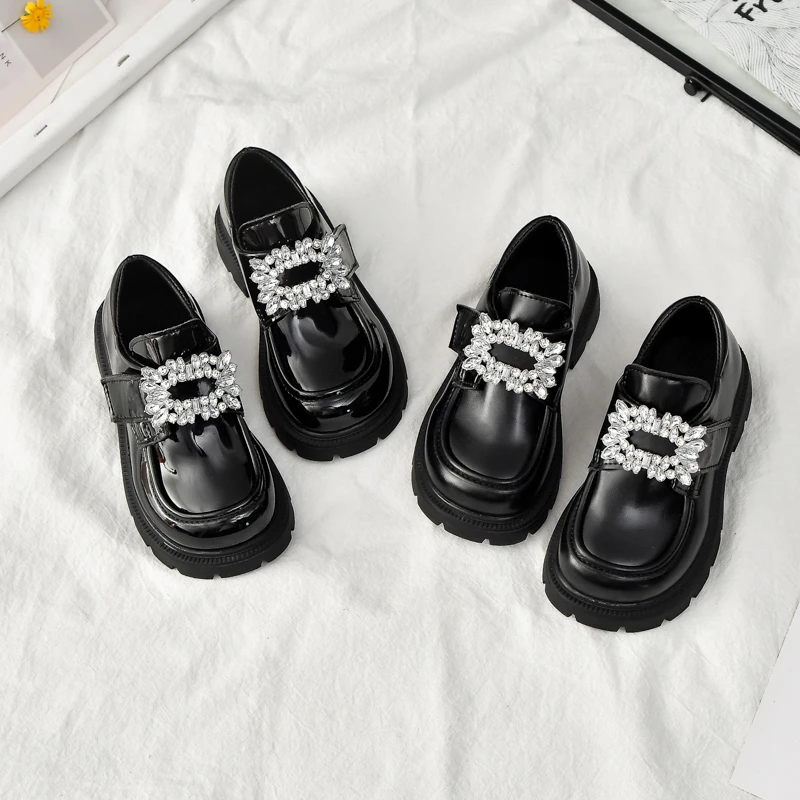 女童黑色小皮鞋2025春季新款宝宝防滑乐福鞋小女孩单鞋水晶公主鞋