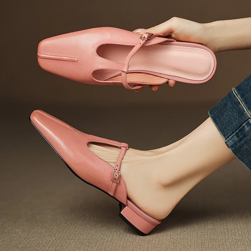 真皮2.5cm法式轻奢懒人凉拖鞋子中粗跟丁字扣带方头外穿半拖鞋女