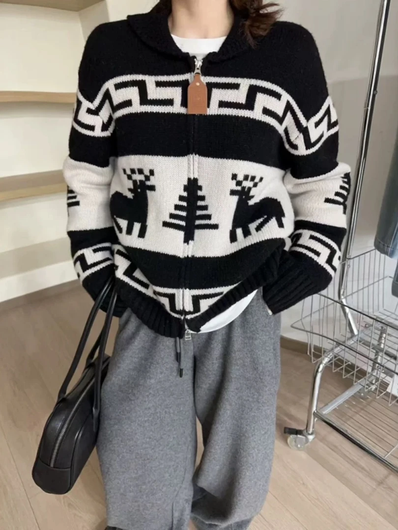 圣诞小鹿翻领毛衣秋冬季翻领7225针织开衫加厚