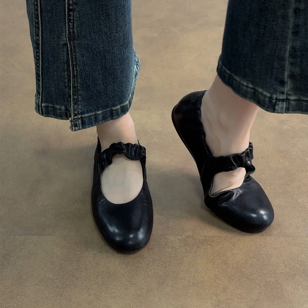 1cm/ED2347羊皮平底单鞋女春季百搭日系温柔浅口圆头韩版玛丽珍鞋