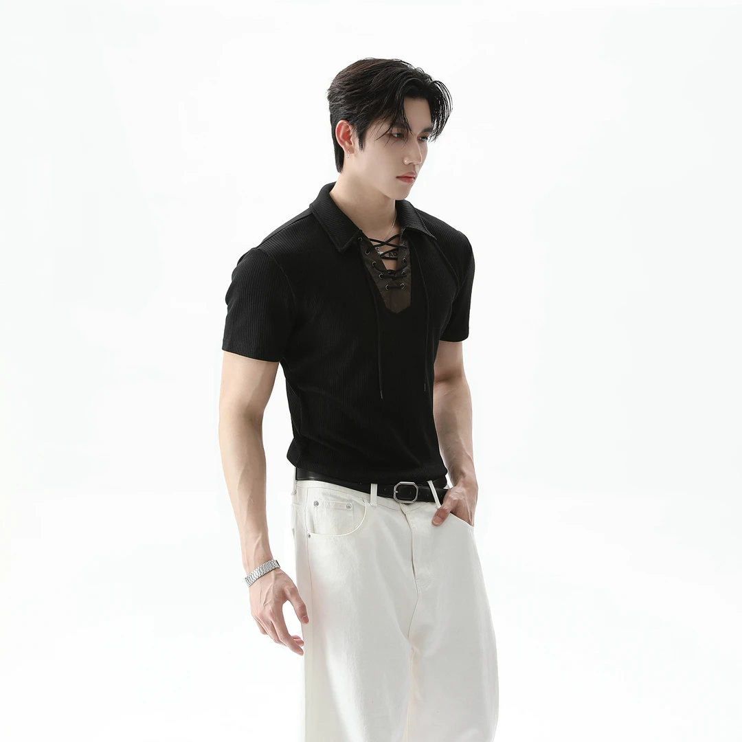 TURNTIDE复古老钱风300G短袖T恤小众高级感绑带设计修身polo衫夏