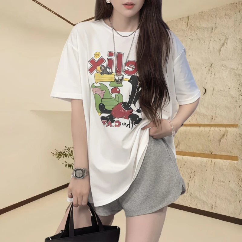 后背设计拼接蕾丝短袖上衣2025夏季新款时尚宽松卡通印花短袖T恤