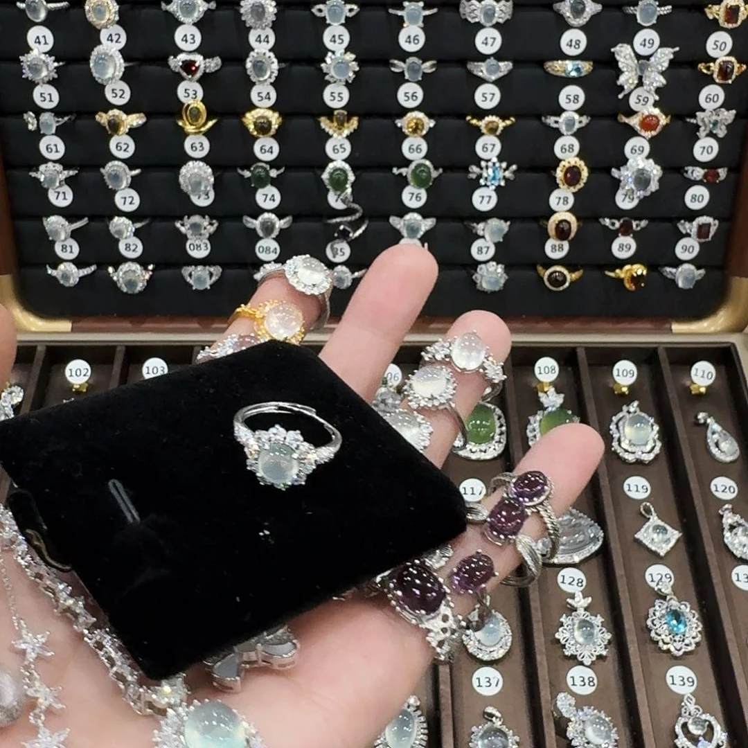 蛇纹石玉戒指银S925镶嵌卷*