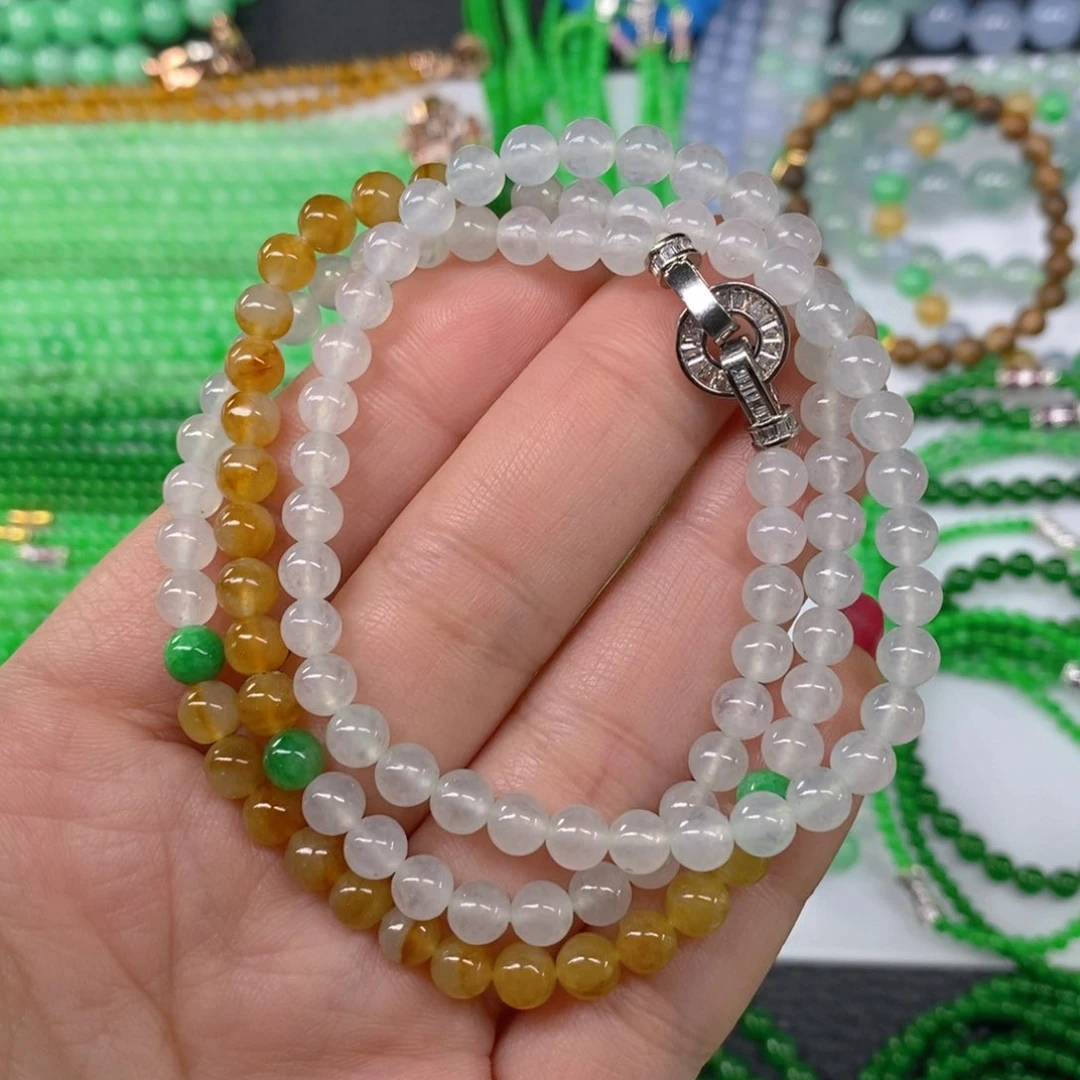 颈饰未镶嵌翡翠缅甸天然翡翠冰种三彩项链5.5