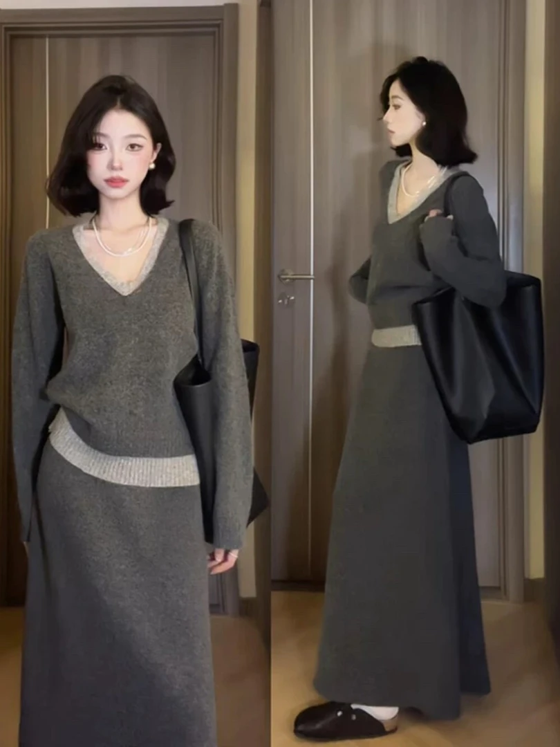 深秋初冬搭配一整套韩系针织连衣裙子女秋冬2025新款盐系轻熟套装