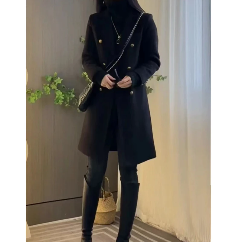 外套时尚黑色中长款秋冬气质加厚显瘦加棉休闲百搭宽松毛呢大衣女