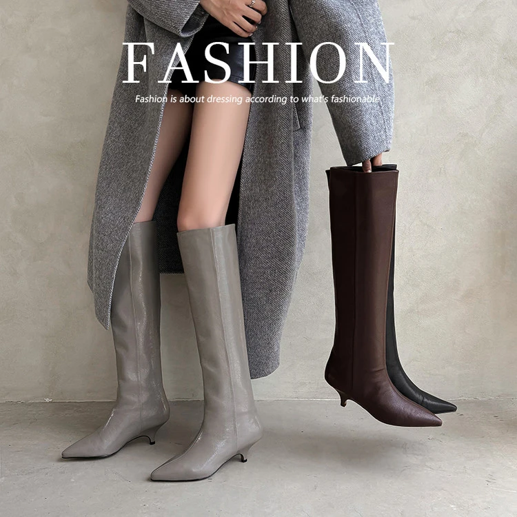 （牛皮/5厘米）小猫跟尖头一脚蹬长筒过膝靴气质显瘦轻奢时装女靴