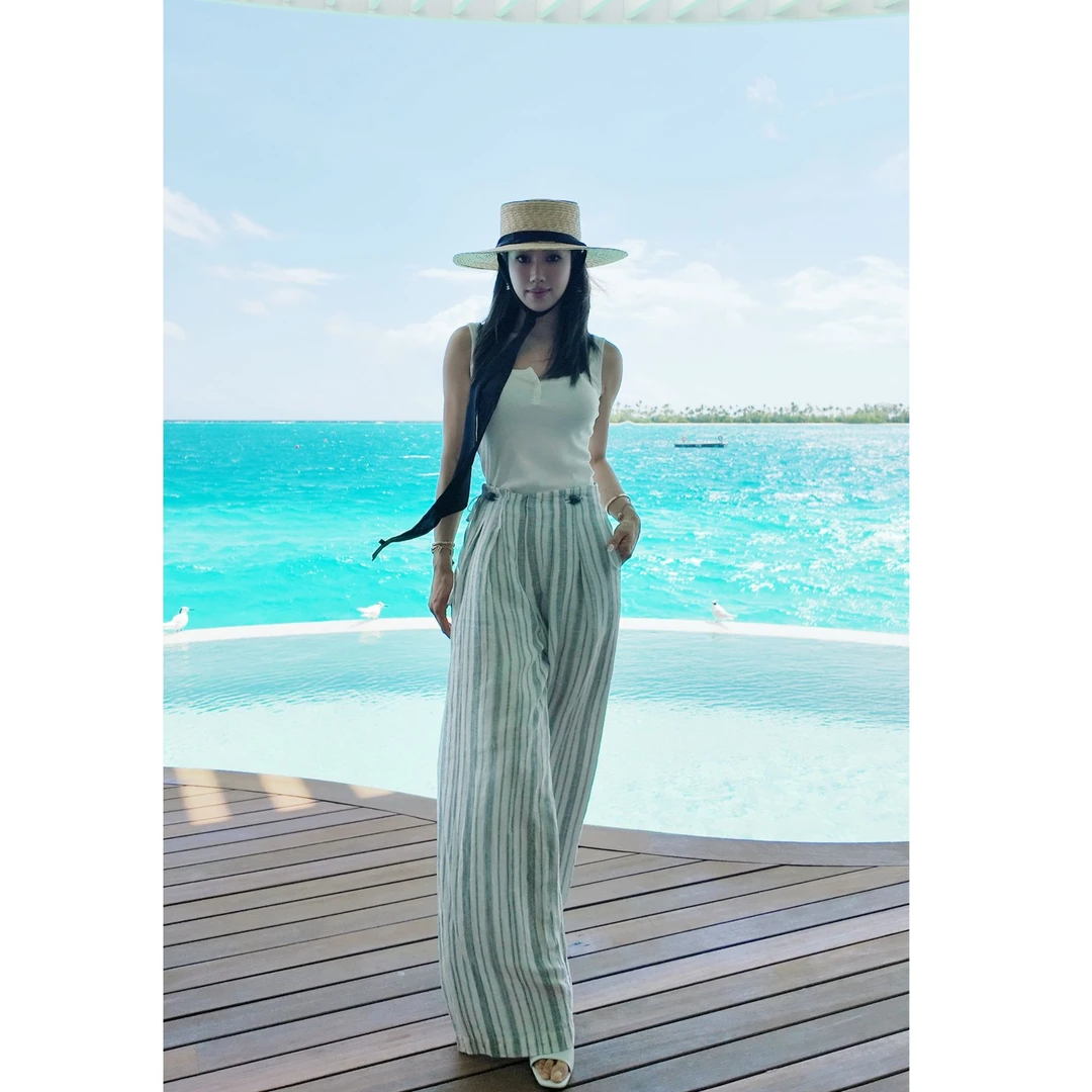 MADGE MARGARET 100%亚麻南法假日 提花亚麻条纹显瘦休闲裤