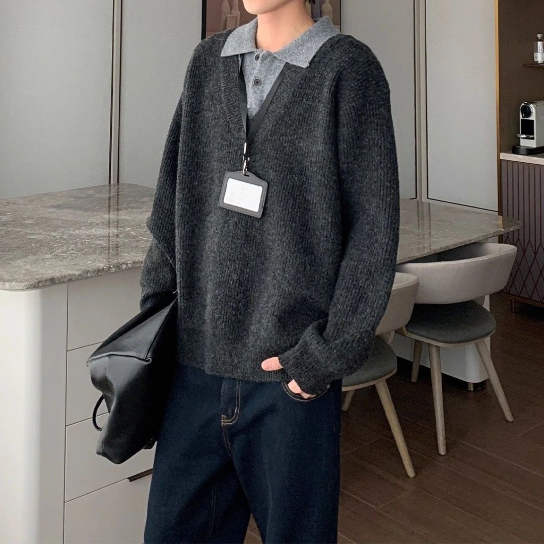 秋冬季翻领假两件针织衫男韩版高级感老钱风宽松百搭休闲慵懒毛衣