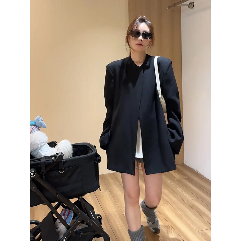 秋季新款高级感赫本风百搭通勤中长款黑色圆领长袖正肩西装外套女