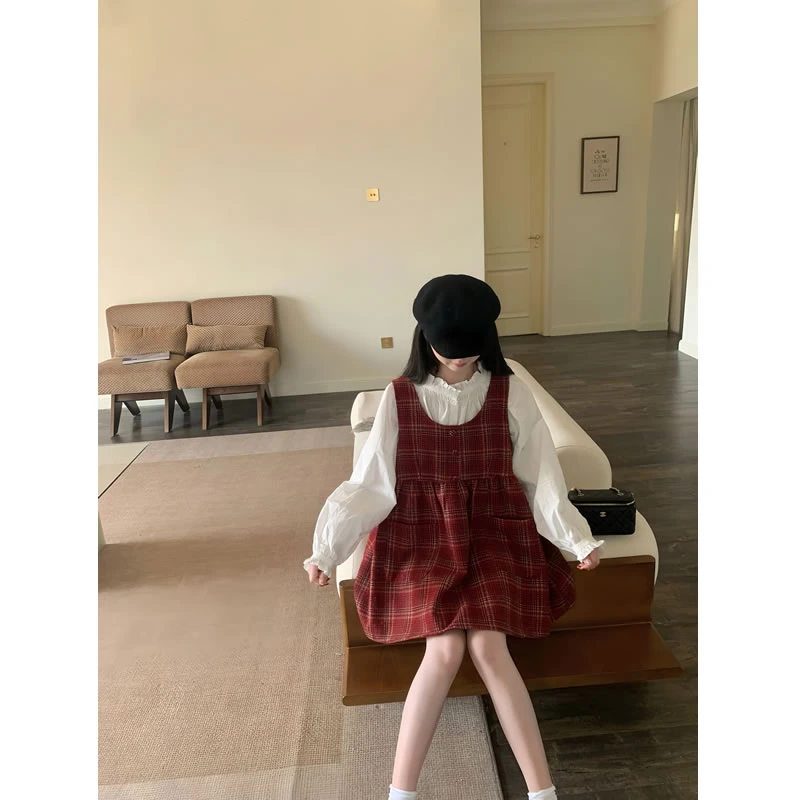 格纹毛呢背心裙新年裙子 减龄娃娃裙