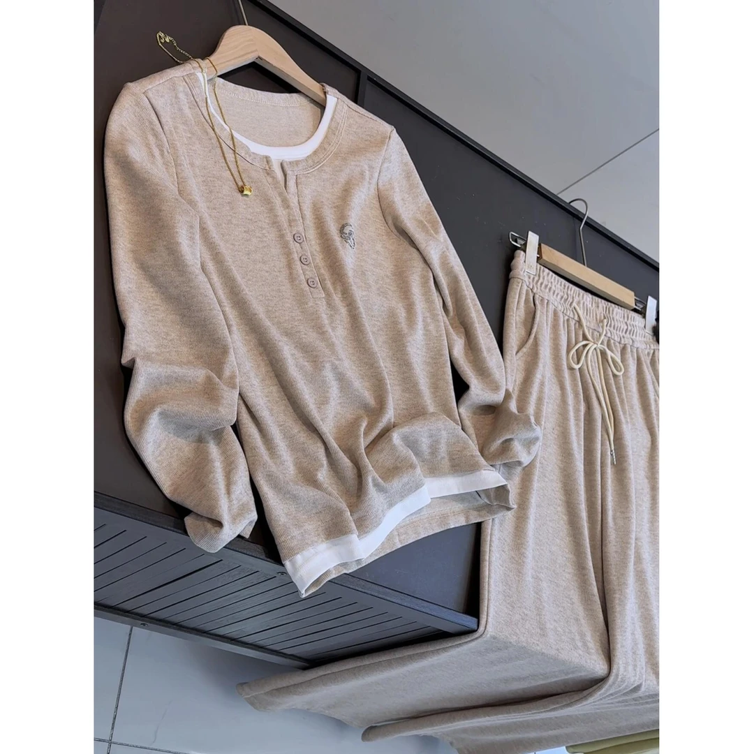 拼接圆领长袖假两件洋气修身上衣时尚垂感休闲长裤时尚套装两件套