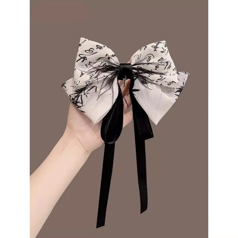 新中式水墨国风羽毛飘带雪纺蝴蝶结春季新款半扎发弹簧夹发饰发卡