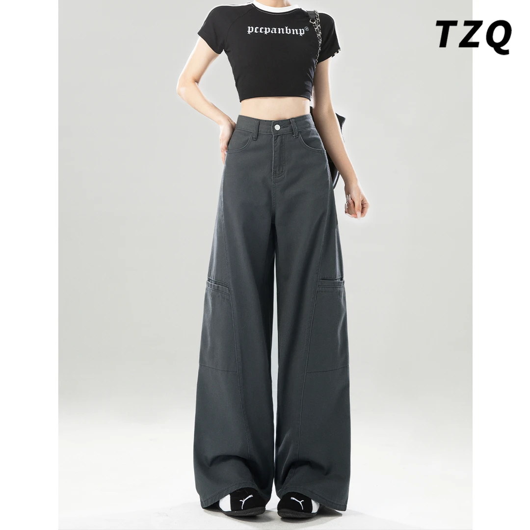 灰色美式工装牛仔裤女2025秋季新款复古高腰显瘦阔腿裤TZQ2521515
