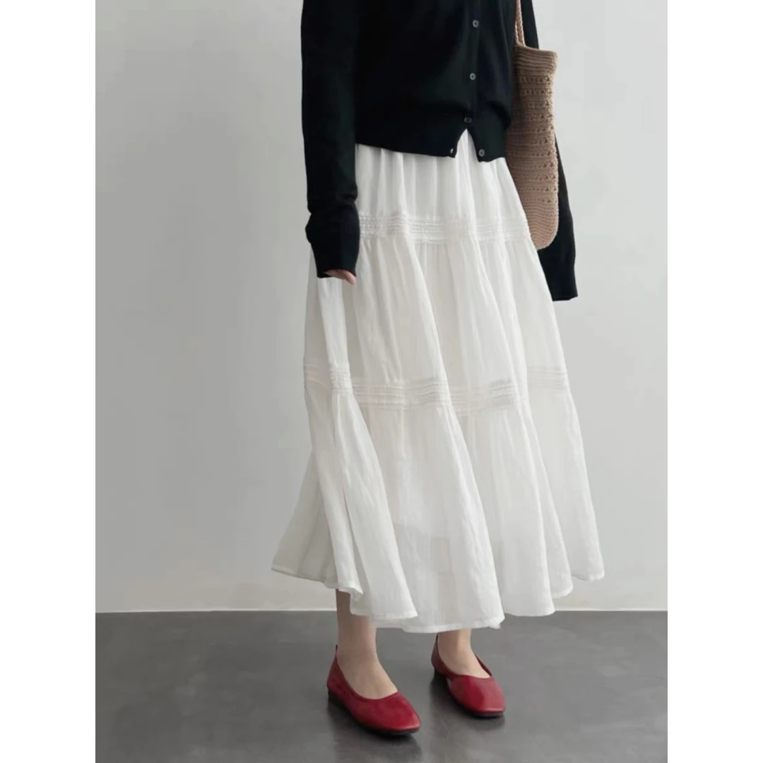 天然高级洞庭100支苎麻蕾丝拼接A字显瘦蛋糕半身裙中长款夏设计感