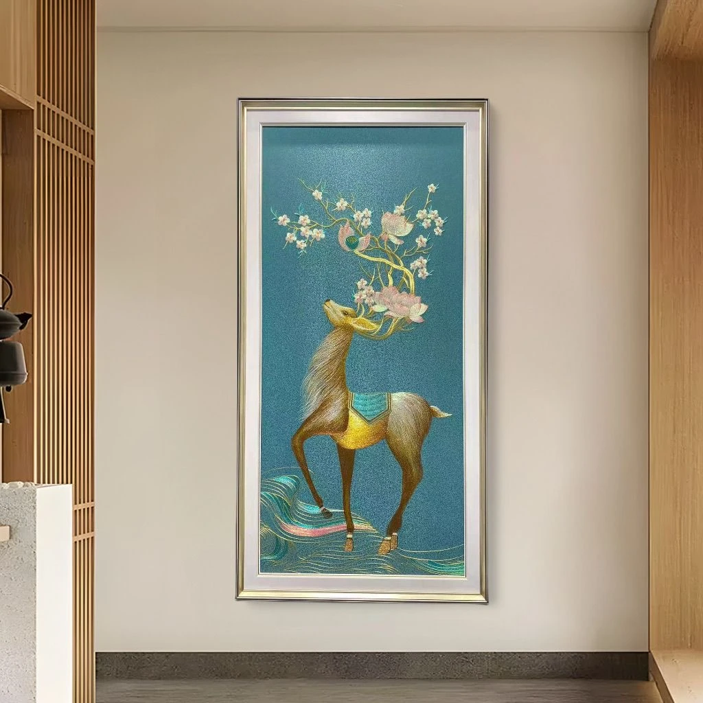 一路相随入户玄关画装饰画刺绣有框北欧走廊过道挂画竖版壁画轻奢