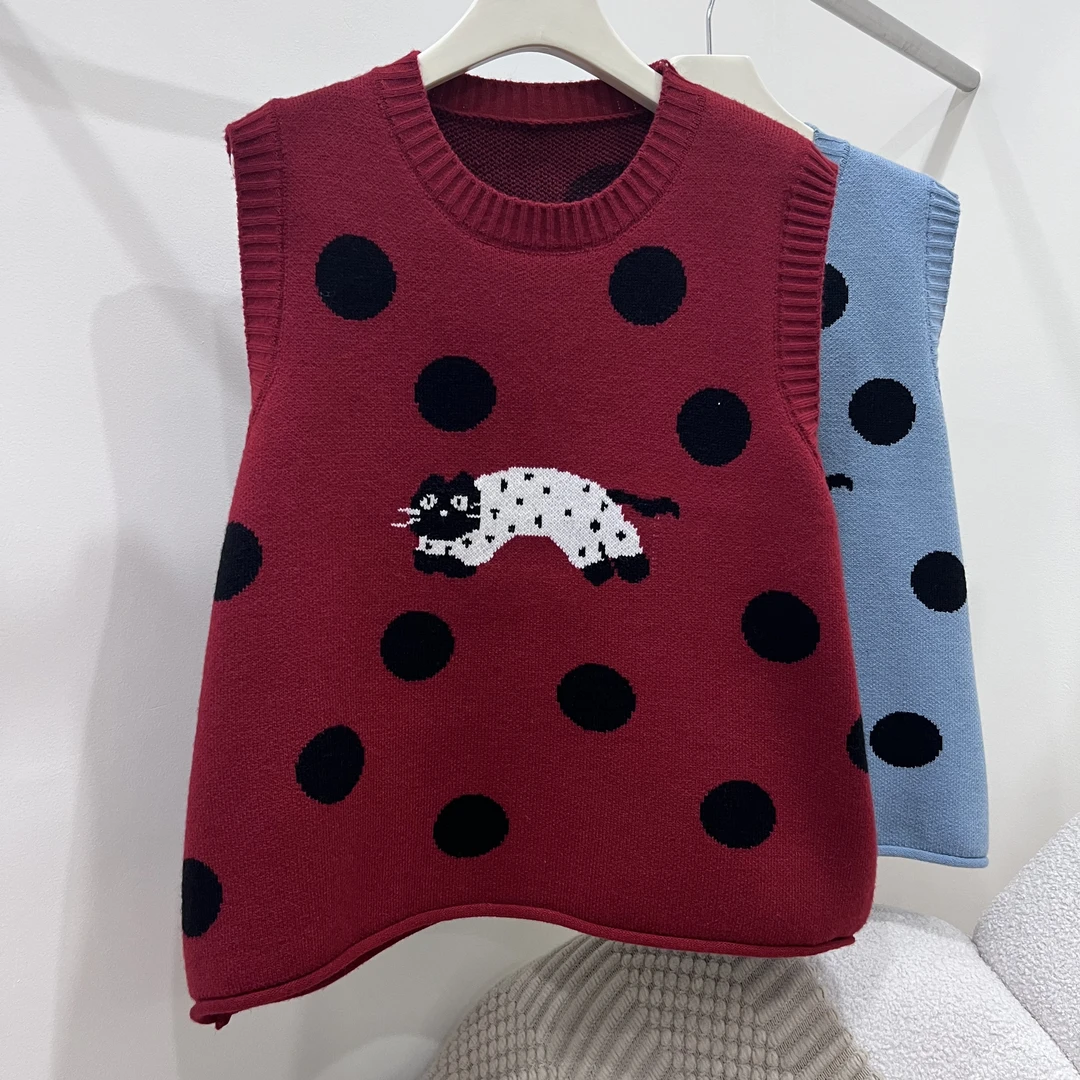 【OVERSIZE LIN】冬季新款减龄小众猫咪波点卡通百搭针织套头马甲