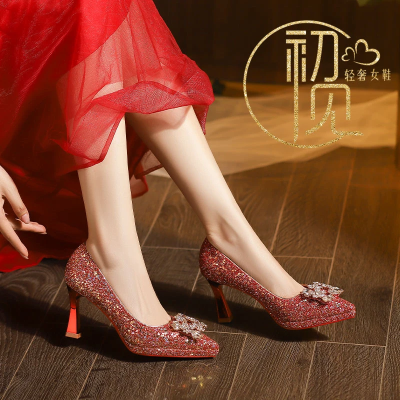 亮片千金风高跟鞋女小个子防水台婚鞋女粗跟日常百搭不累脚单鞋