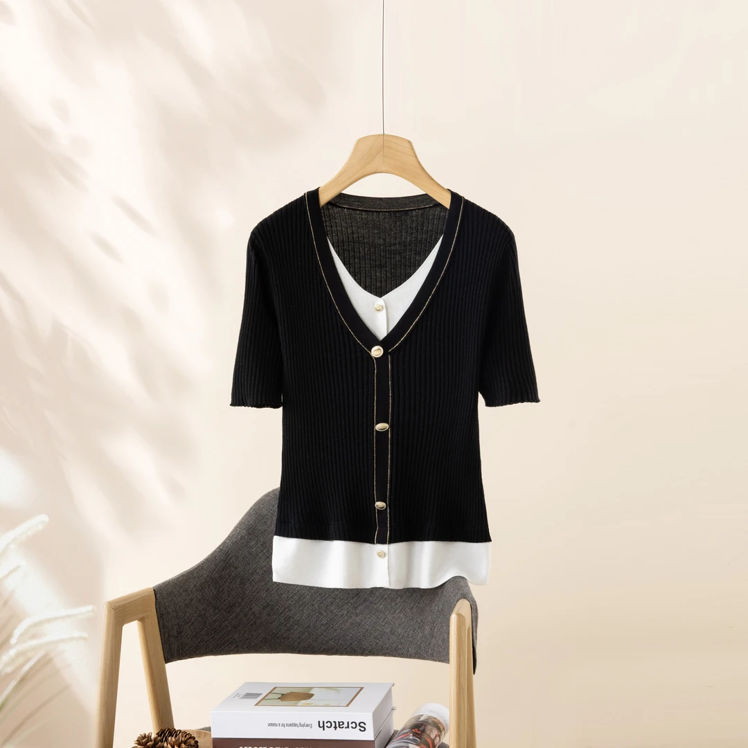 【吉岚严选】夏季百搭短款V领假两件撞色针织衫