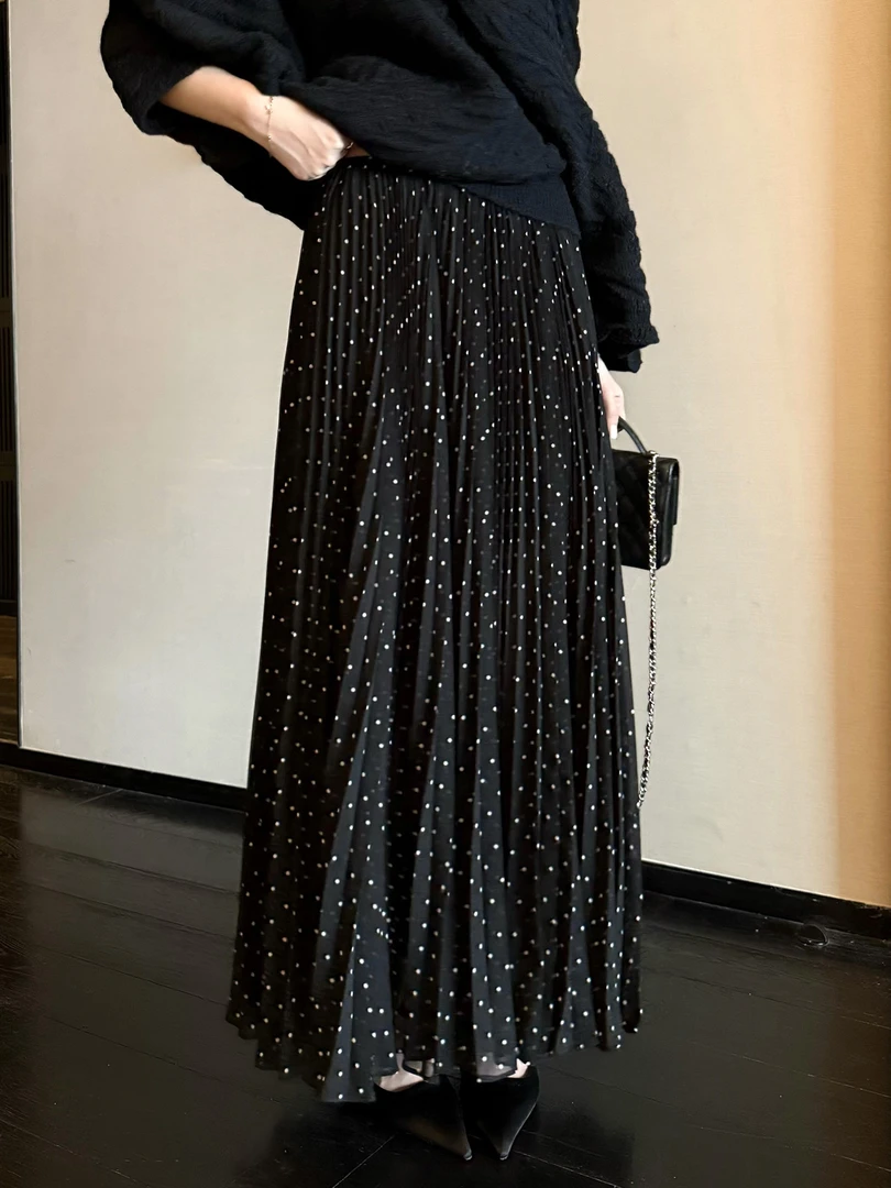 波点压褶长款半身裙女秋冬季显瘦裙子