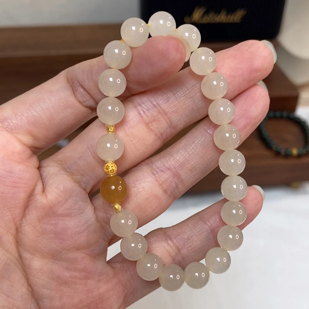 手链18K金镶嵌和田玉蜂蜜水8mm高冰底