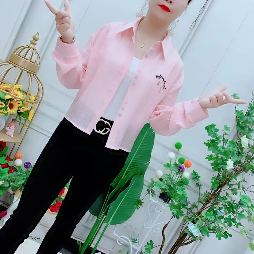 夏季韩版宽松刺绣外套字母印花背心两件套糖果色长袖彩扣上衣女装
