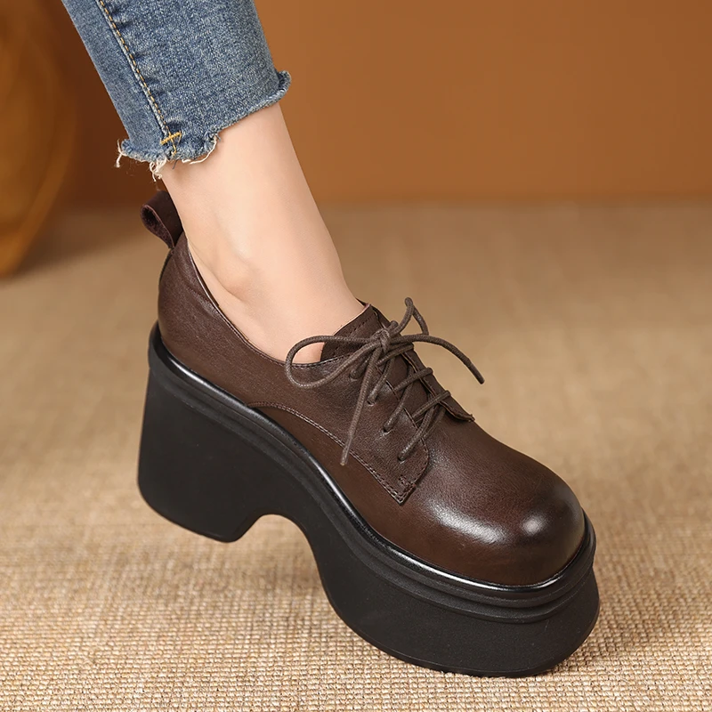 复古英伦风小皮鞋女10cm松糕厚底真皮系带高跟单鞋棕色圆头乐福鞋