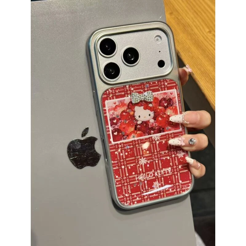 创意酒红格纹蝴蝶结苹果猫咪适用于iphone17promax苹果16手机壳15