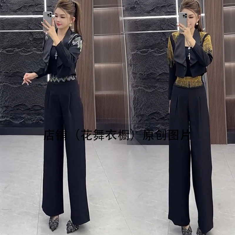 通勤时尚套装女2025春季新款气质女神镶钻小西装阔腿裤显瘦两件套