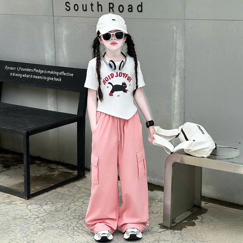 女童洋气套装夏2025新款网红小女孩夏季T恤儿童夏装韩式工装裤子