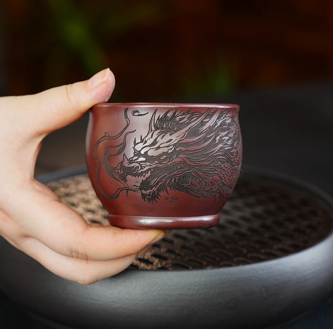 宜兴刻绘龙腾万里专用大容量主人杯茶具纯手工茶杯单杯紫砂杯111