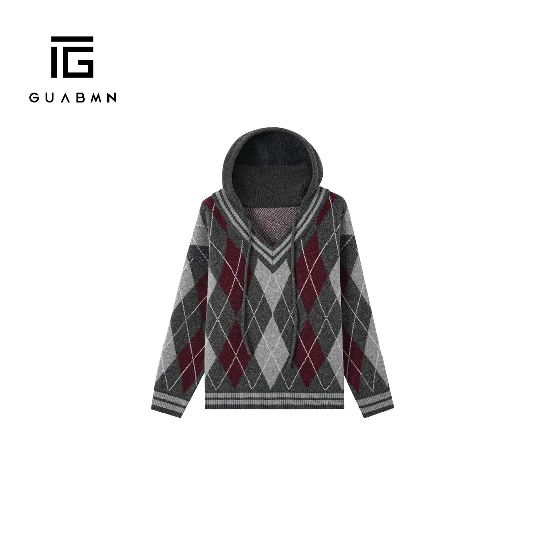 GUABMN2025秋冬新款时尚休闲撞色菱形格连帽毛衣慵懒风针织衫5950