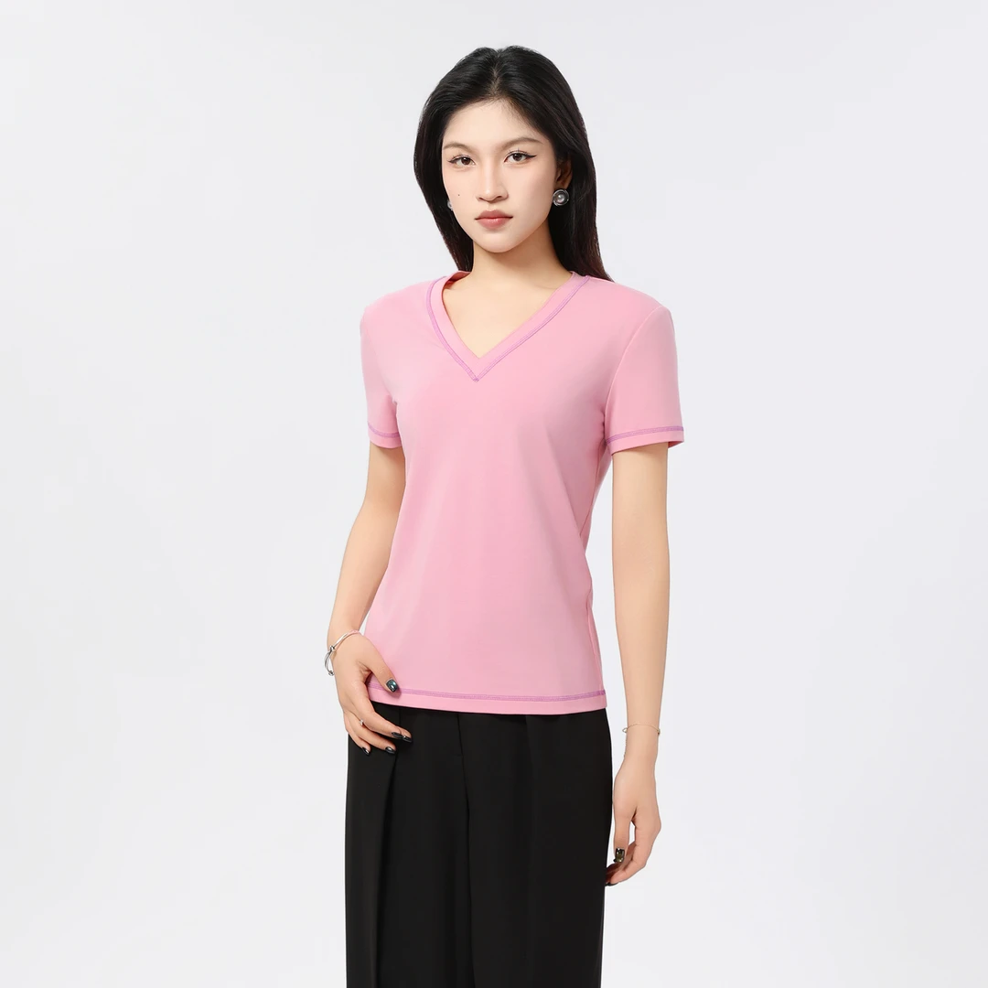 AMASS/阿玛施春夏新款经典百搭V领女上衣显瘦简约T恤修身5301024