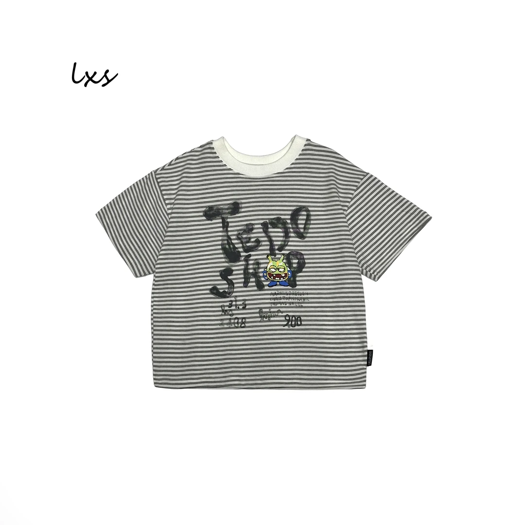 舅舅严选童装男童夏季韩版百搭条纹休闲宽松卡通潮圆领短袖C88701