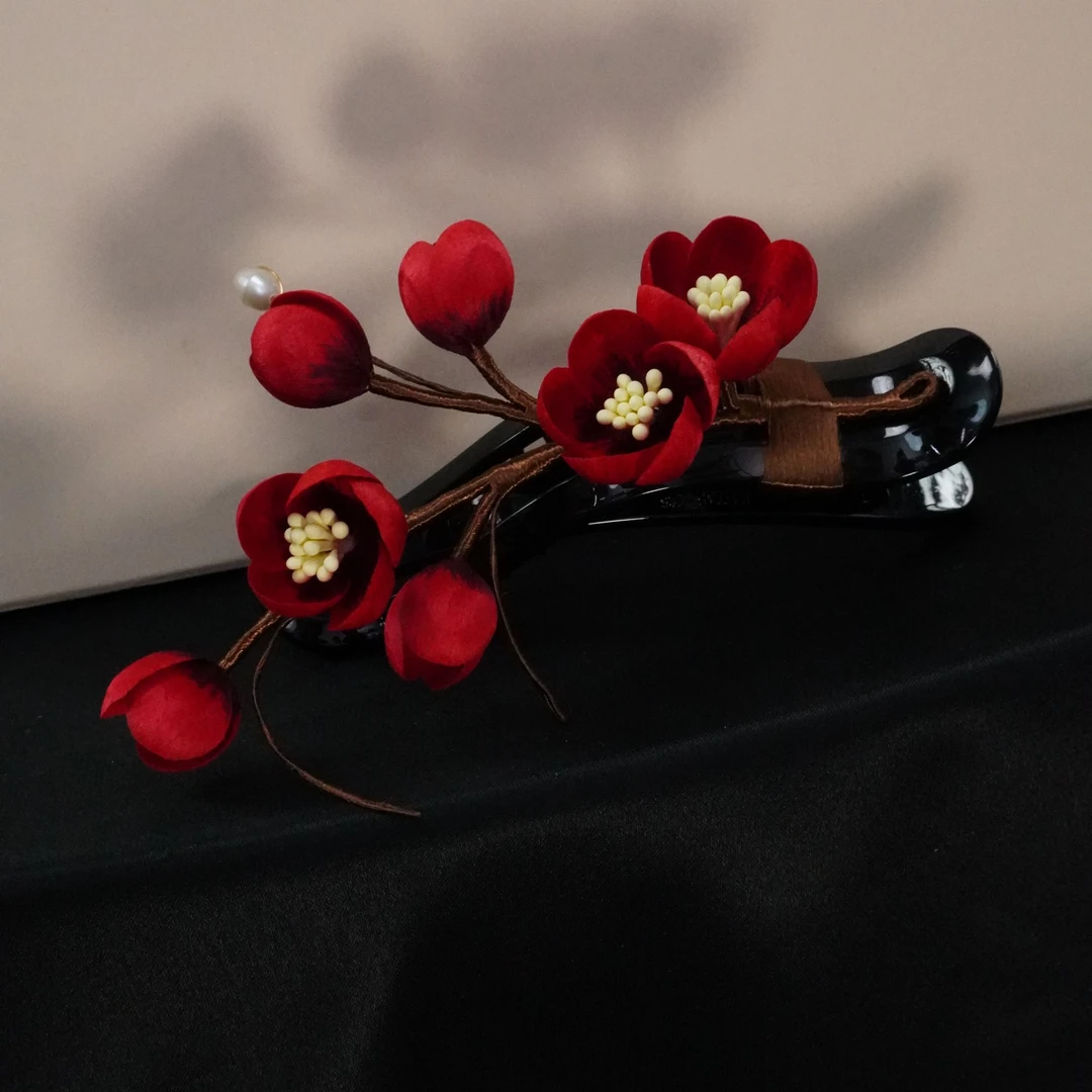 红梅懒人夹非遗绒花发饰头饰古风簪花旗袍发饰新中式花朵复古发夹