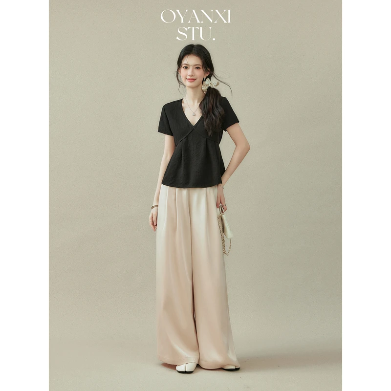 欧阳喜【黑巧泡芙】韩版设计感V领飞飞袖上衣女夏季新款T恤241C632+