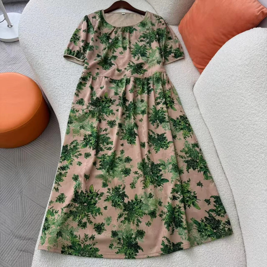 夏季女短袖印花连衣裙高腰中长裙优雅妈妈裙
