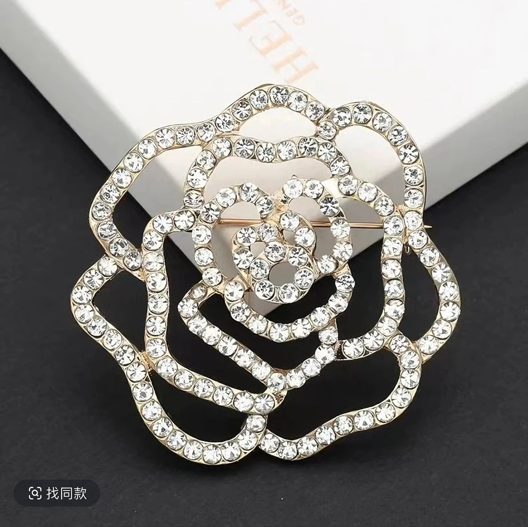 铁合金锆石胸针 奢华金色甜美银色山茶花时尚镶钻胸花胸针满钻