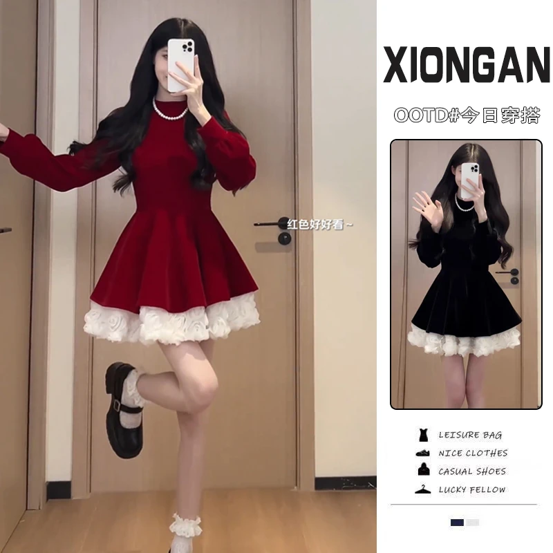 冬季穿搭一整套装女韩版2025年跨年新年圣诞红色裙子高级感连衣裙