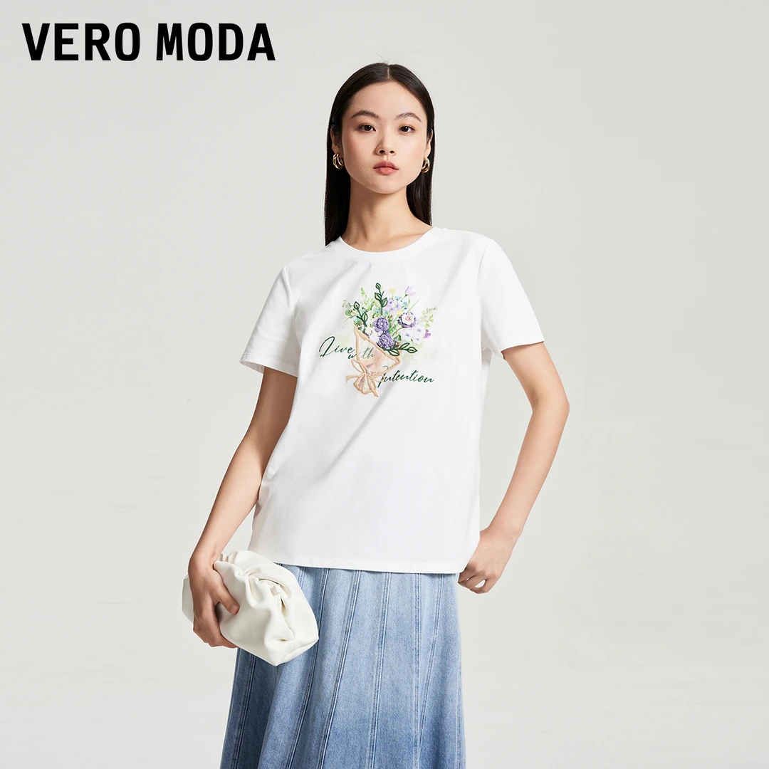 Vero ModaT恤女2025夏日穿搭罗纹圆领新款印花刺绣上衣325201030