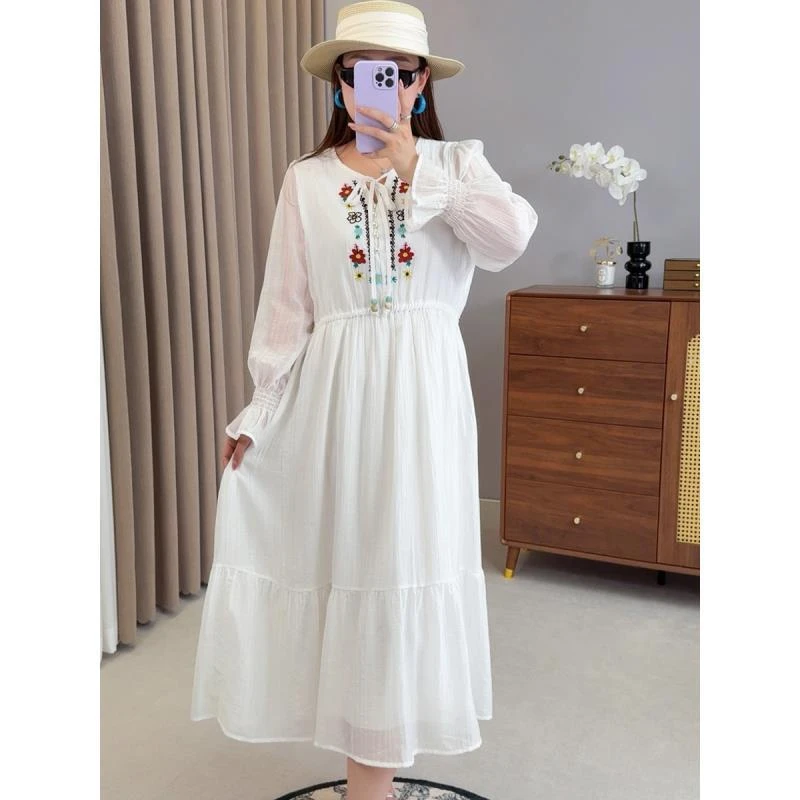 【涵胖胖】清 秋季新款大码气质白色中长款温柔系带长袖连衣裙-9089