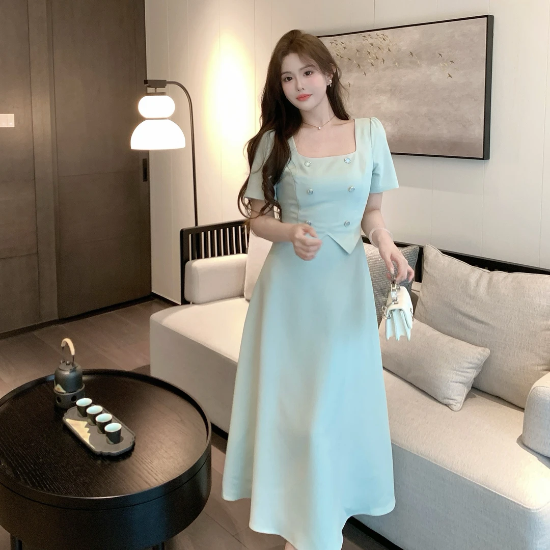 MB大码女装【波子汽水】法式复古小香风方领假两件拼接大摆连衣裙夏