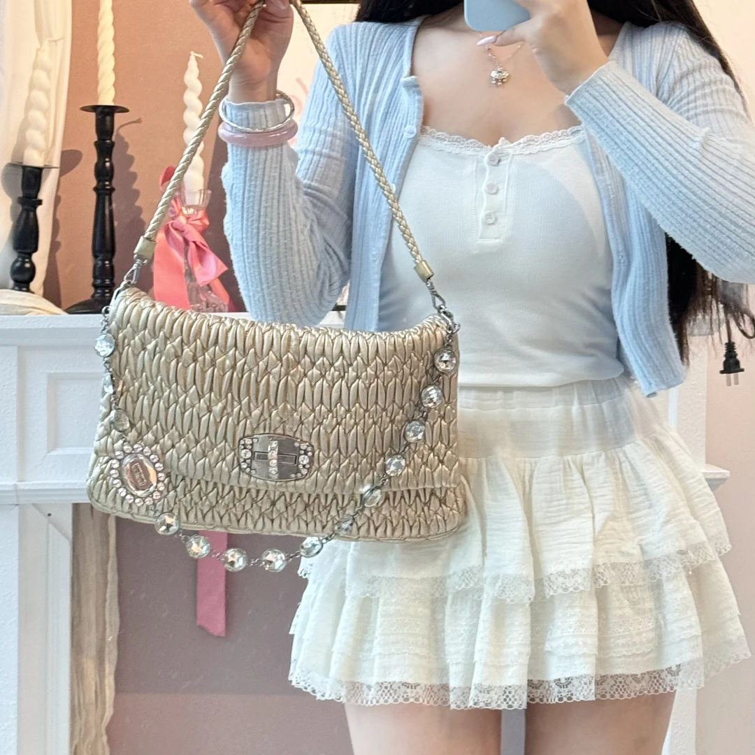 95新 MIU MIU/缪缪 miumiu香槟金褶皱双链条单肩包